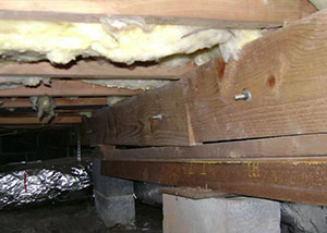 sagging crawl space with wooden shimming a Leesburg crawl space